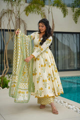 Floral Printed Anarkali White Dupatta Set