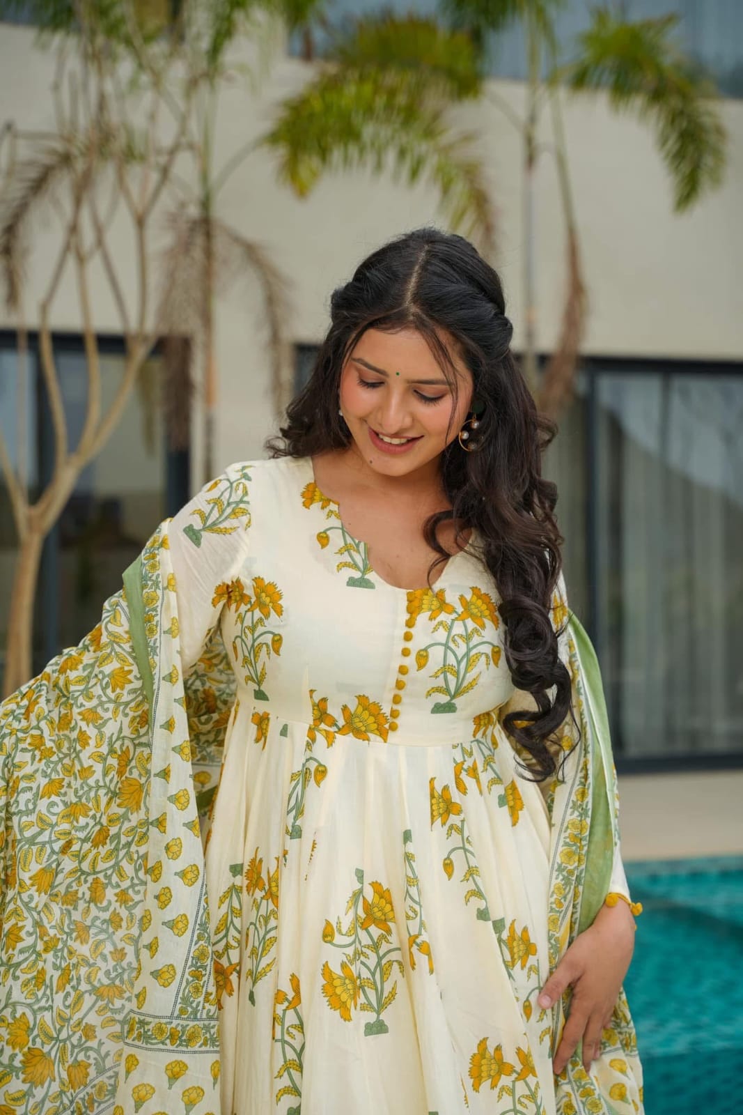 Floral Printed Anarkali White Dupatta Set