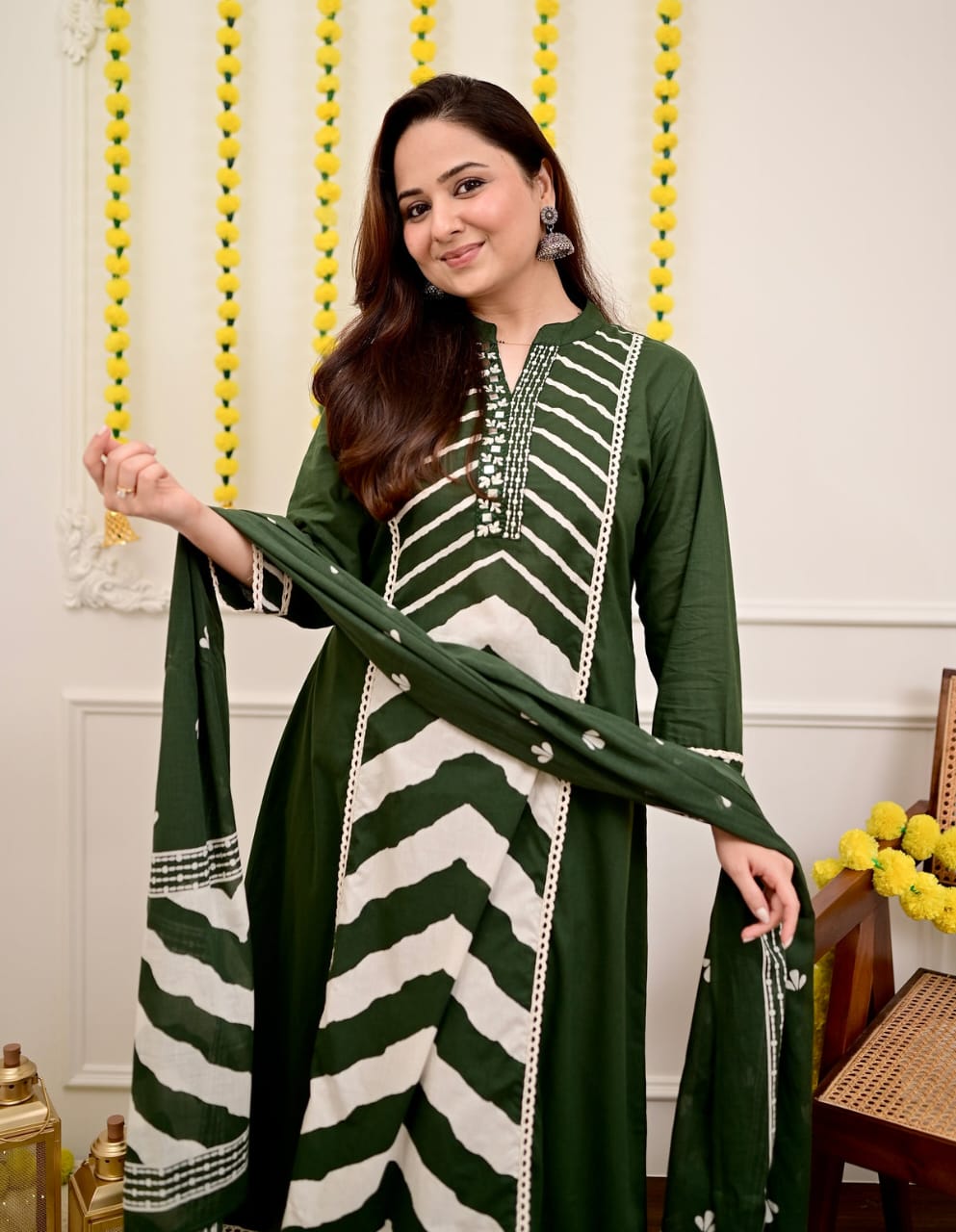 Cotton Print Hand Work Straight Green Dupatta Set