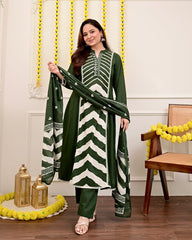 Cotton Print Hand Work Straight Green Dupatta Set
