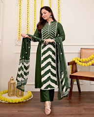 Cotton Print Hand Work Straight Green Dupatta Set