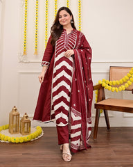 Cotton Print Hand Work Straight Red Dupatta Set