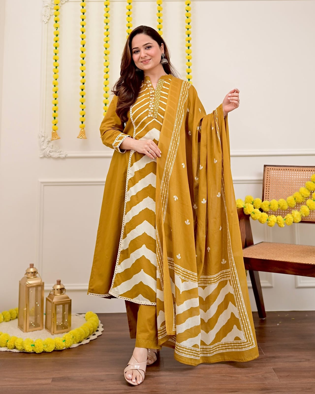 Cotton Print Hand Work Straight Yellow Dupatta Set