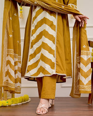 Cotton Print Hand Work Straight Yellow Dupatta Set