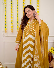 Cotton Print Hand Work Straight Yellow Dupatta Set