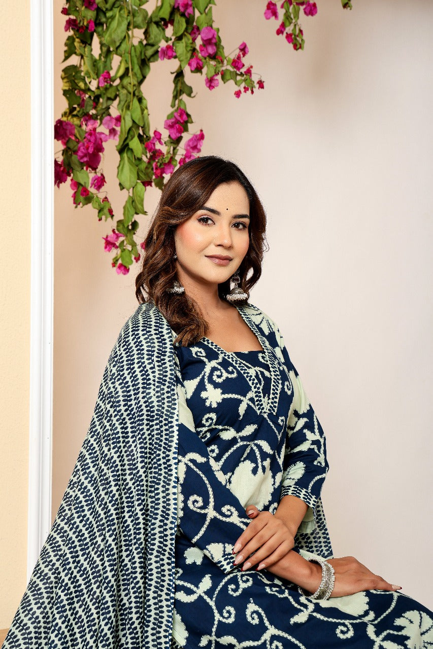Cotton Pure Printed Navy Blue Dupatta Set